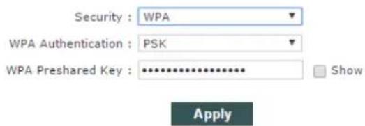 Security : WPA WPA Authentication : PSK WPA Preshared Key : ************ Show Apply