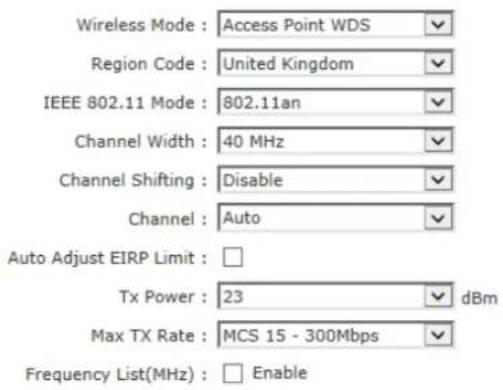 Wireless Mode : Access Point WDS Region Code : United Kingdom IEEE 802.11 Mode : 802.11an Channel Width : 40 MHz Channel Shifting : Disable Channel : Auto Auto Adjust EIRP Limit : Tx Power : 23 dBm Max TX Rate : MCS 15 - 300Mbps Frequency List(MHz) : Enable