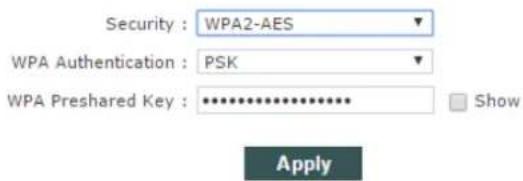 Security : WPA2-AES WPA Authentication : PSK WPA Preshared Key : ************ Show Apply