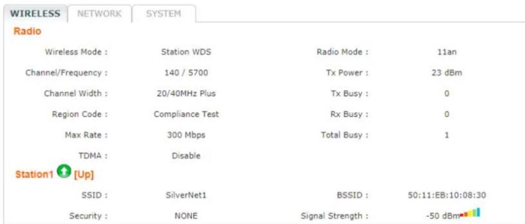 WIRELESS NETWORK SYSTEM Radio Wireless Mode : Station WDS Radio Mode : 11an Channel/Frequency : 140 / 5700 Tx Power : 23 dBm Channel Width : 20/40MHz Plus Tx Busy : 0 Region Code : Compliance Test Rx Busy : 0 Max Rate : 300 Mbps Total Busy : 1 TDMA : Disable Station1 [Up] SSID : SilverNet1 BSSID : 50:11:EB:10:08:30 Security : NONE Signal Strength : -50 dBm