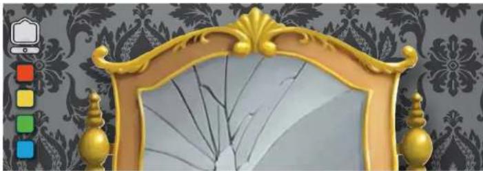 Illustration of an ornate golden mirror with a crack pattern on the glass, set against a patterned background (no text or symbols)