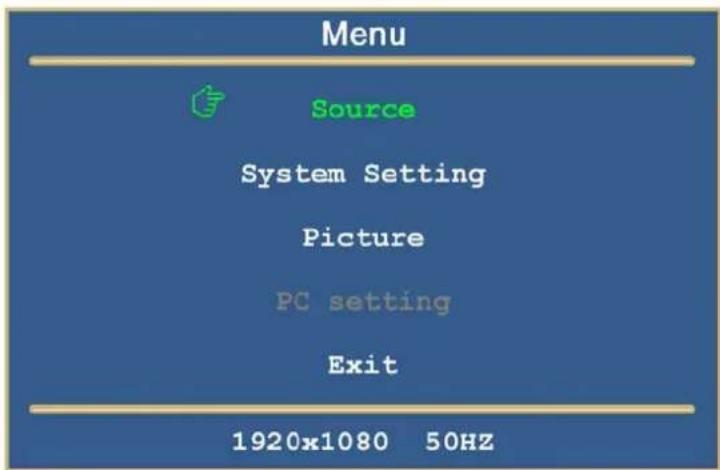 Menu Source System Setting Picture PC setting Exit 1920x1080 50HZ