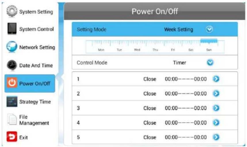 Power On/Off Setting Mode Week Setting Mon Tue Wed Thu Fri Sat Sun Control Mode Timer 1 Close 00:00----00:00 > 2 Close 00:00----00:00 > 3 Close 00:00----00:00 > 4 Close 00:00----00:00 > 5 Close 00:00----00:00 >