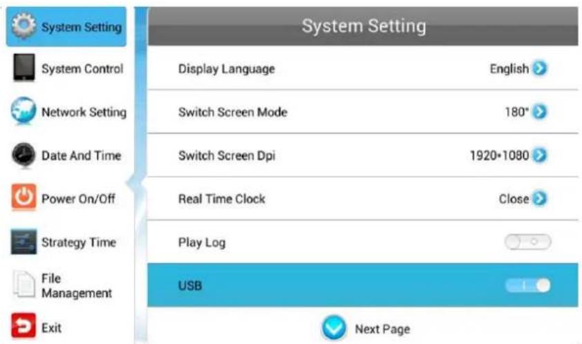 System Setting Display Language English Switch Screen Mode 180° Switch Screen Dpi 1920-1080 Real Time Clock Close Play Log USB File Management Exit Next Page