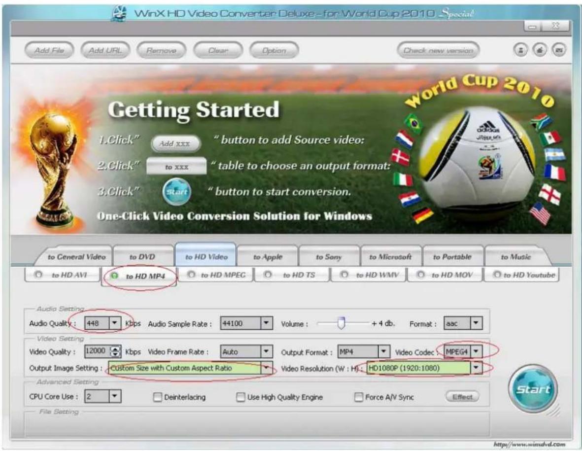 WinX HD Video Converter Deluxe-for-World Cup 2010 Special Add File Add URL Remove Clear Option Check new version Getting Started 1.Click" Add xxx "button to add Source video: 2.Click" to xxx "table to choose an output format: 3.Click" start "button to start conversion. One-Click Video Conversion Solution for Windows to General Video to DVD to HD Video to Apple to Sony to Microsoft to Portable to Music to HD AVI to HD MP4 to HD MPEC to HD TS to HD WMV to HD MOV to HD Youtube Audio Setting Audio Quality: 448 Kbps Audio Sample Rate: 44100 Volume: +4 db. Format: asc Video Setting Video Quality: 12000 Kbps Video Frame Rate: Auto Output Format: MP4 Video Codec: MPEG4 Output Image Setting: Custom Size with Custom Aspect Ratio Video Resolution (W : H): HD1080P (1920:1080) Advanced Setting CPU Core Use: 2 Deinterlacing Use High Quality Engine Force A/V Sync Effect File Setting Start http://www.windvd.com