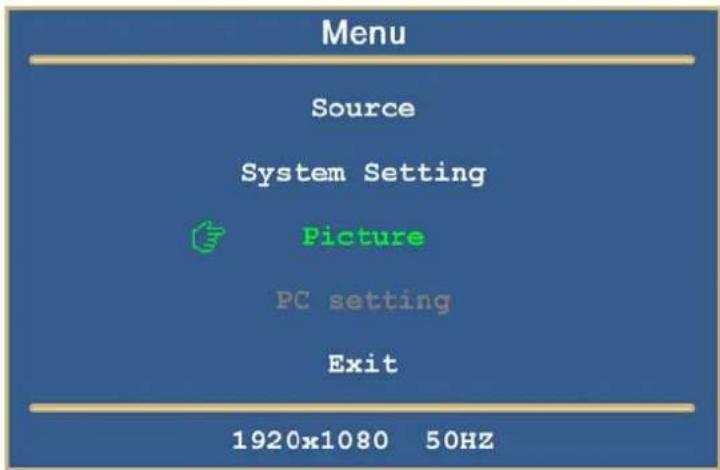 Menu Source System Setting Picture PC setting Exit 1920x1080 50HZ