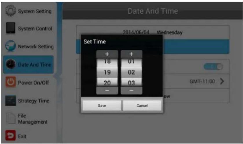 Date And Time 2014/06/04 Wednesday Set Time + + 18 01 19 02 20 03 - Save Cancel GMT-11:00 File Management Exit
