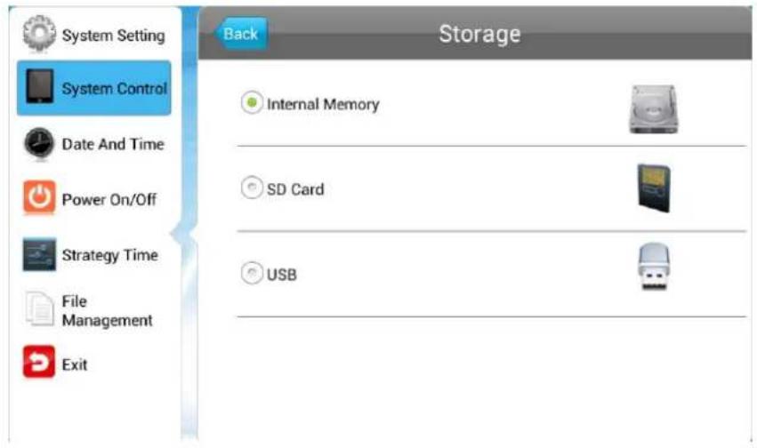 System Setting System Control Date And Time Power On/Off Strategy Time File Management Exit Back Storage Internal Memory SD Card USB