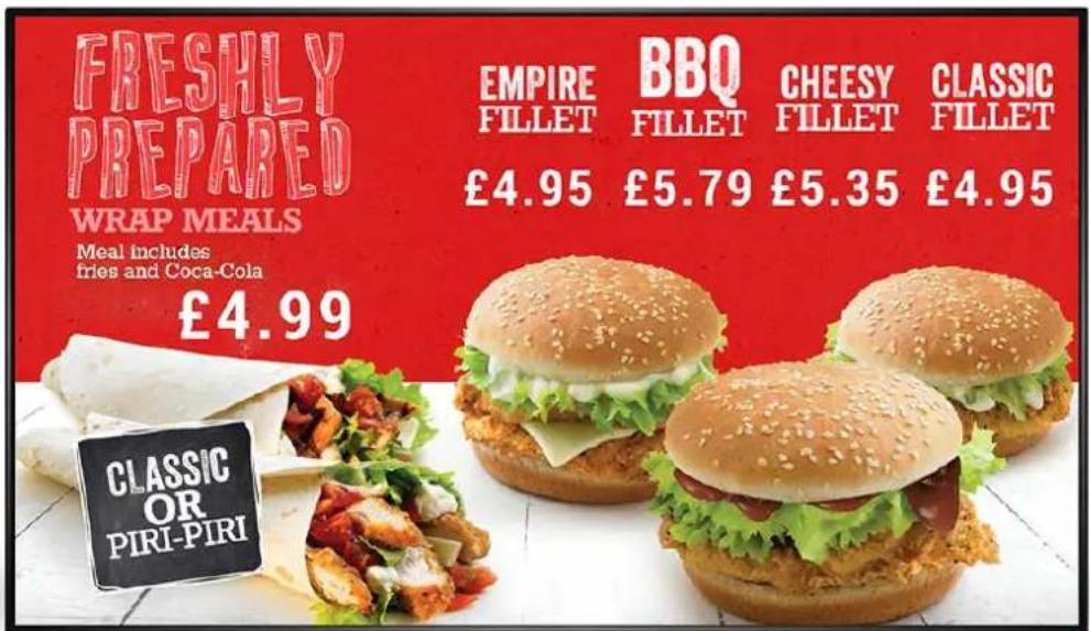 FRESHLY PREPARED WRAP MEALS Meal includes tries and Coca-Cola £4.99 EMPIRE BBQ CHEESY CLASSIC FILLET FILLET FILLET FILLET FILLET £4.95 £5.79 £5.35 £4.95 CLASSIC OR PIRI-PIRI