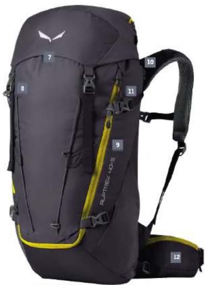 Rattek LDS backpack with numbered latches (7–12) and yellow accents, no visible text or symbols on the backpack itself.