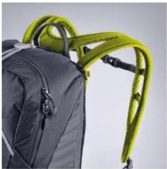 Close-up of a dark gray backpack with a yellow safety harness (no visible text or symbols)