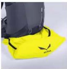 Yellow and gray safety belt with a yellow logo, no visible text or symbols