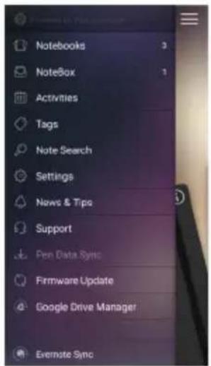 Notebooks NoteBox Activities Tags Note Search Settings News & Tips Support Pen Data Sync Firmware Update Google Drive Manager Evernote Sync