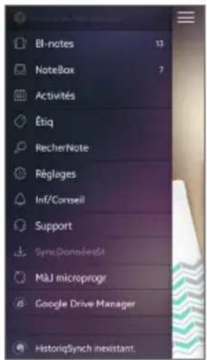 BI-notes NoteBox Activités Étiq RecherNote Réglages Inf/Conseil Support SyncDonnéesSt M&J microprogr Google Drive Manager HistoriqSynch inexistant.