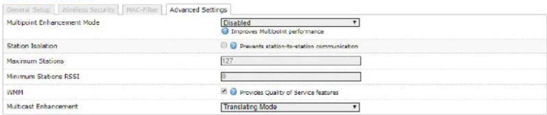 General Setup Wireless Security MAC-Filter Advanced Settings Multipoint Enhancement Mode Disabled Improves Multipoint performance Station Isolation Prevents station-to-station communication Maximum Stations: 127 Minimum Stations RSSI: 0 WMM Provides Quality of Service features Multicast Enhancement Translating Mode