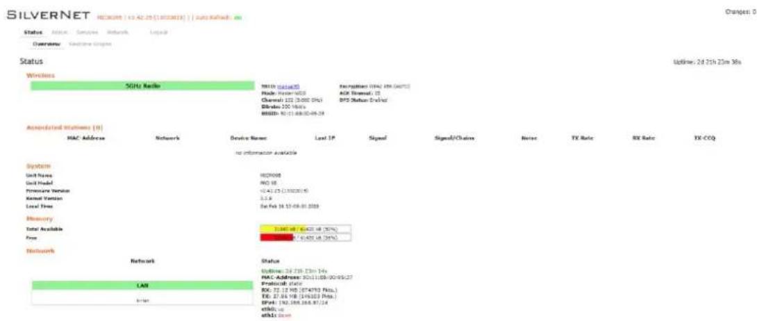 SILVERNET HEDNES 13:42:25 (1000001) | auto.Radish. com Status: Access Services Network Link-up Overview: Software Engine Status Wireless 5GHz Radio MAC Address Mode: Home-4600 Channel: 112 (3,000 MHz) Diluted: 100 MHz MACD: 50 (11,880,000 MHz) Network Name: MELPH MAC Address: 9764 HM (60%) ASK Thermal: 25 BPS Status: E-Val Annotated Stations [1] MAC Address Network Device Name Last IP Signal Signal/Chains Noise TX Rate RX Rate TX-COQ no information available System Unit Name MAC006 Unit Model MAC 56 Pressure Version 15.42 (2.3302014) Kernel Version 3.5.6 Local Free Date Feb 18 17-08-31 2009 Memory Total Available 31045.48 / 6,422.48 (50%) Free 3174.48/4,422.48 (50%) Network Network Status Address: 24 218 230 246 MAC Address: 30111188.00/95/27 Protocol: 5450 RG: 22.12 NO (074373 PksL) TE: 27.04.19B (196323 PksL) IPM: 192.398.268.81/14 ethls. us ethls. bus