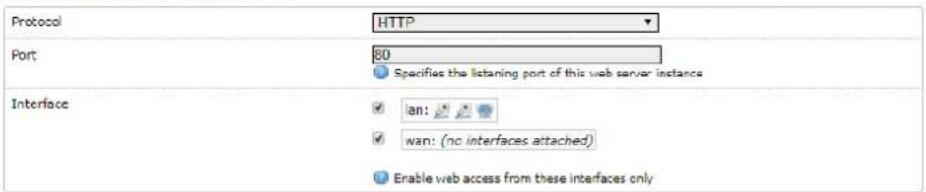 Protocol HTTP Port 80 Specifies the listening port of this web server instance Interface an: wan: (no interfaces attached) Enable web access from these interfaces only