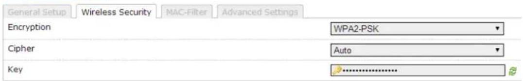 General Setup Wireless Security MAC-Filter Advanced Settings Encryption WPA2-PSK Cipher Auto Key
