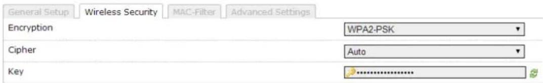General Setup Wireless Security MAC-Filter Advanced Settings Encryption WPA2-PSK Cipher Auto Key