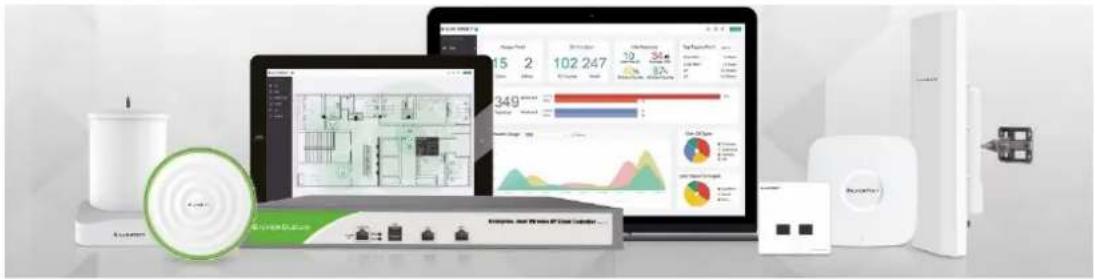 Product display image showing smart home appliances, a tablet, and a network interface with charts and metrics.