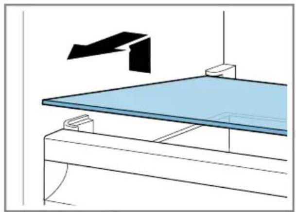Technical line drawing of a table with a blue panel and a black bracket, no text or symbols present.