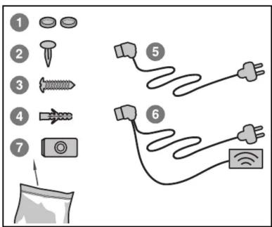 Diagram showing seven labeled parts of a plug and cable assembly with numbered labels and corresponding wiring diagrams.