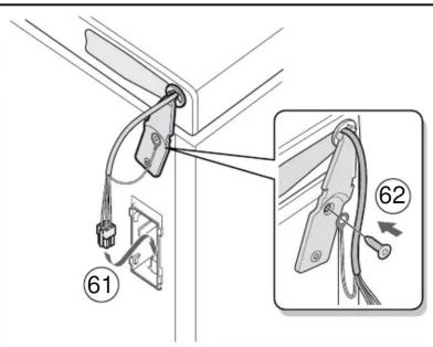 Diagram showing cable installation with labeled components and a magnified detail of a mechanical component with numbered parts 61 and 62.