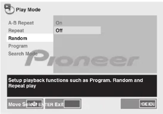 Play Mode A-B Repeat On Repeat Off Random Program Search Mode Setup playback functions such as Program. Random and Repeat play Move Select ENTER Exit HOME MENU