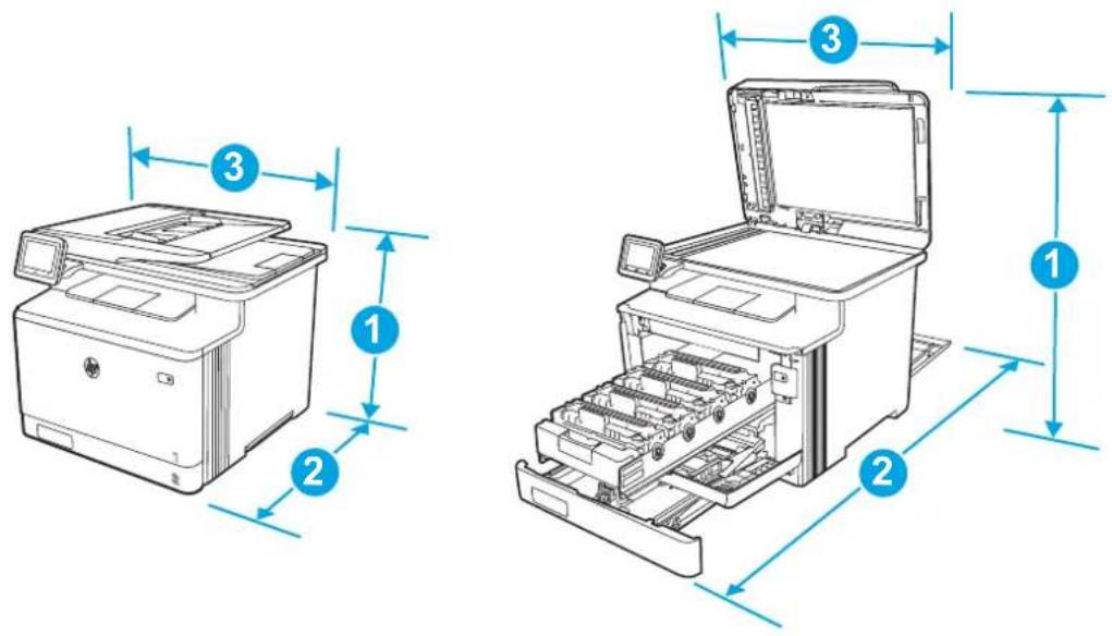 Technical diagram showing two views of a printer with labeled parts and dimension annotations