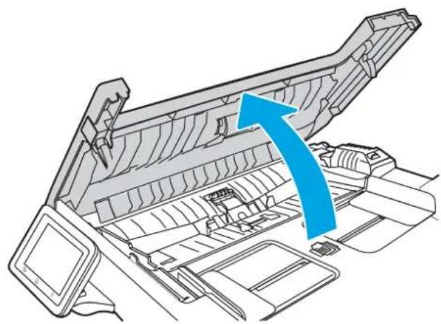 Diagram of a printer's internal structure showing a blue arrow indicating the open lid area (no text or symbols present)