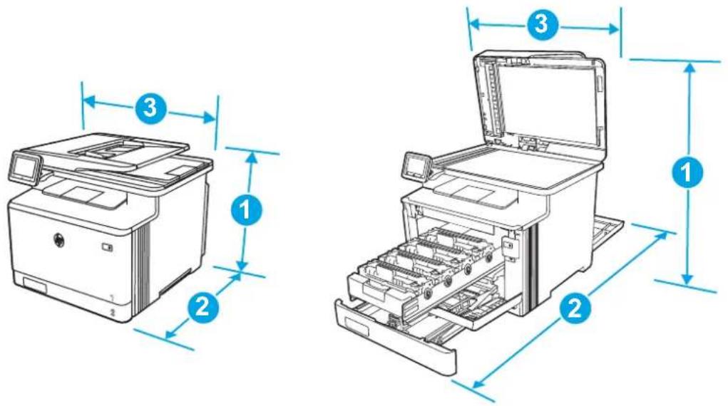 Technical diagram showing two views of a printer with labeled parts and dimension annotations