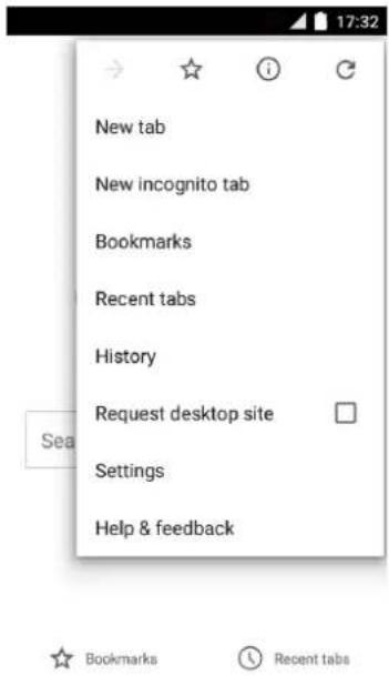 New tab New incognito tab Bookmarks Recent tabs History Request desktop site Settings Help & feedback