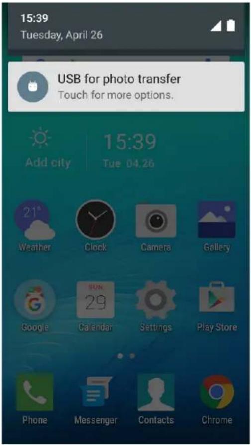 15:39 Tuesday, April 26 USB for photo transfer Touch for more options. Add city 15:39 Tue 04.26 21° Weather Clock Camera Gallery Google Calendar Settings Play Store Phone Messenger Contacts Chrome