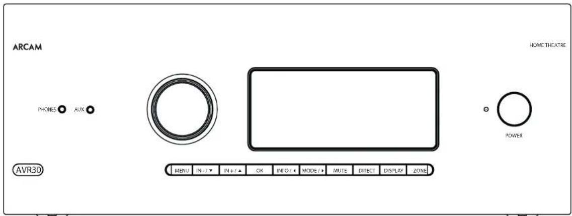 ARCAM HOMETHATRE PHONES AUX AVR30 MENU IN- / ▼ IN + / ▲ OK INFO / ◀ MODE / ➢ MUTE DIRECT DISPLAY ZONE POWER