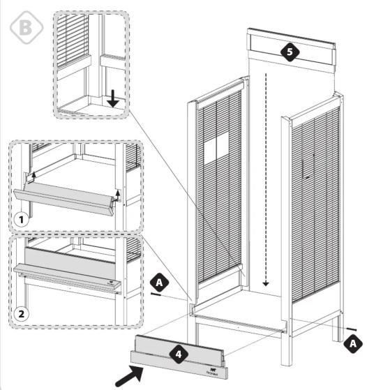 Technical diagram of a modular air conditioner unit with labeled components and assembly steps