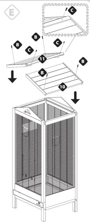 Technical diagram of a metal cage with labeled components and assembly steps