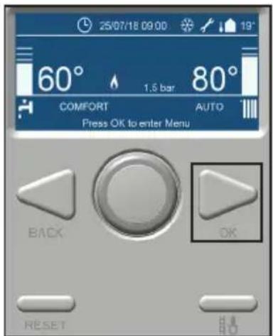 25/07/18 09:00 60° 1.5 bar 80° COMFORT AUTO Press OK to enter Menu BACK OK RESET