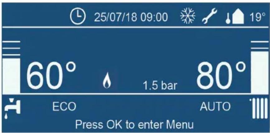 25/07/18 09:00 19° 60° 1.5 bar 80° ECO AUTO Press OK to enter Menu