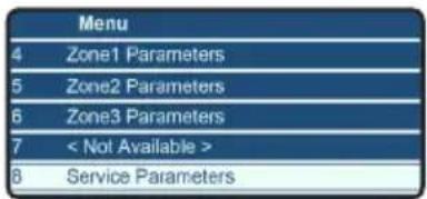 Menu 4 Zone1 Parameters 5 Zone2 Parameters 6 Zone3 Parameters 7 < Not Available > 8 Service Parameters