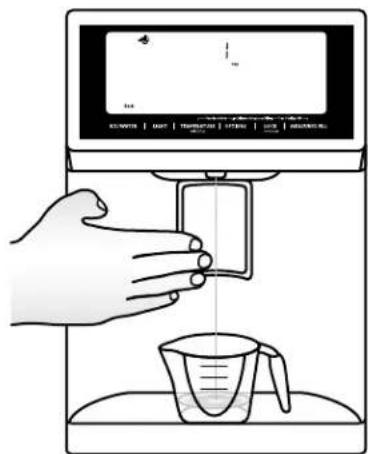 Diagram showing a hand using a digital water dispenser to measure liquid volume, with control panel visible on screen.