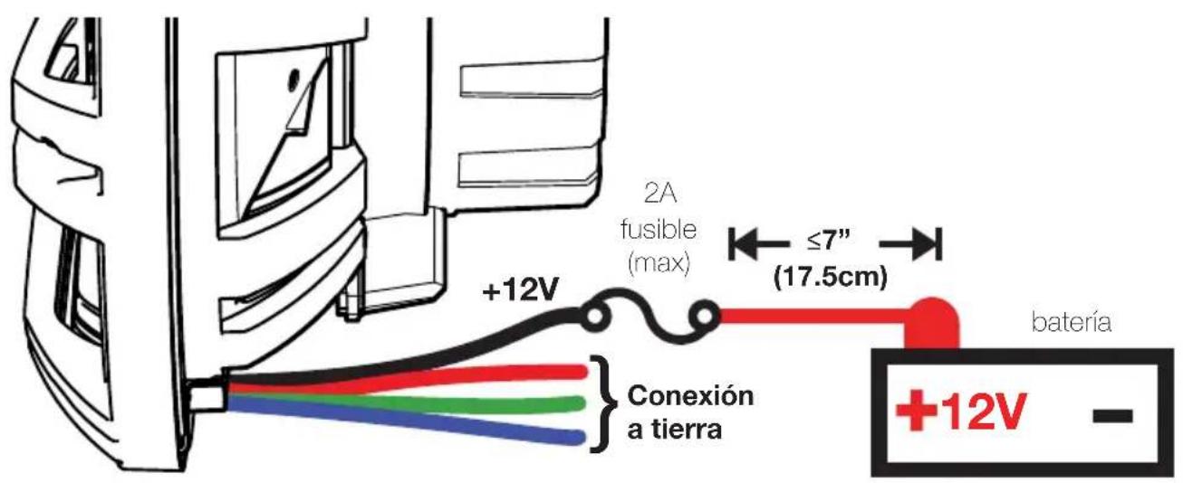 +12V 2A fusible (max) ≤7" (17.5cm) Conexión a tierra batería +12V -