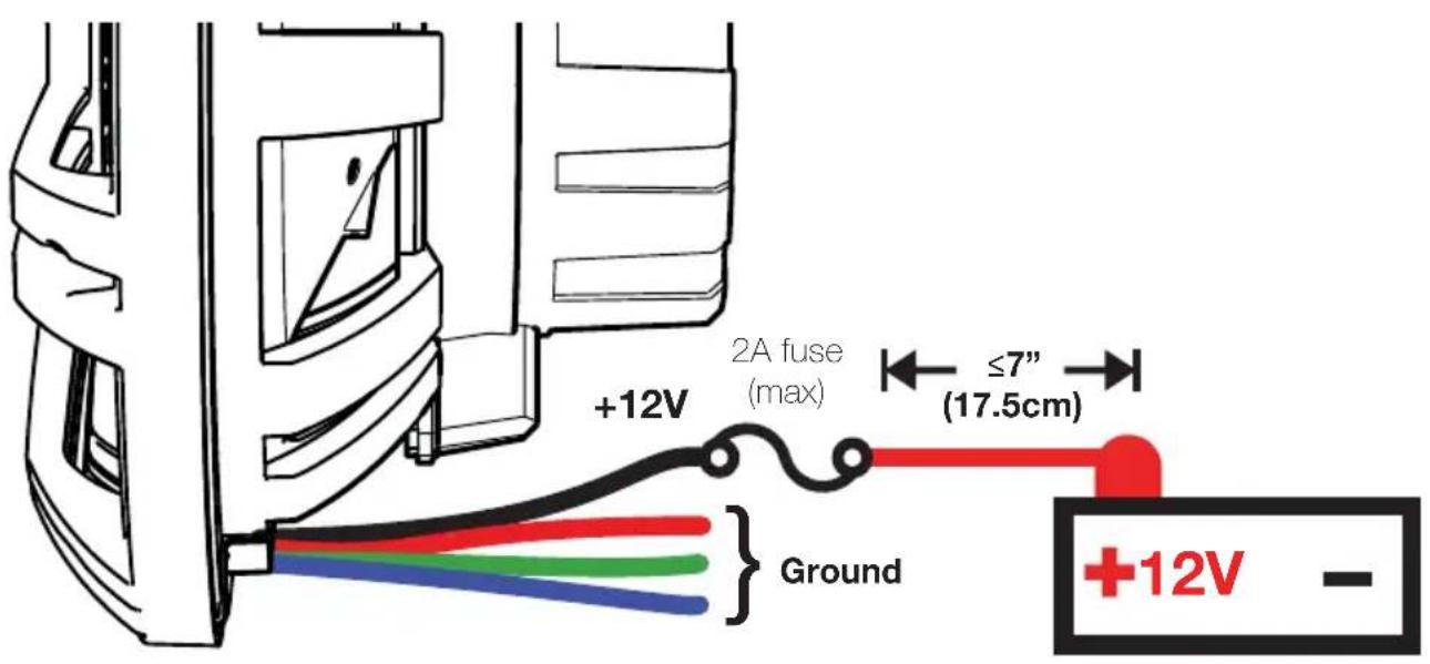 +12V 2A fuse (max) ≤7" (17.5cm) Ground +12V -