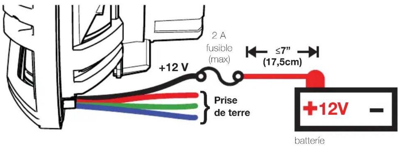 +12 V 2 A fusible (max) ≤7" (17,5cm) Prise de terre +12V - batterie