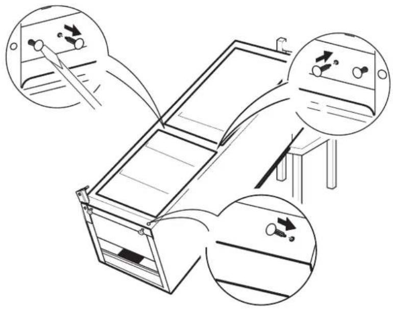 Diagram illustrating a folding table with labeled parts and directional arrows indicating movement or force directions.
