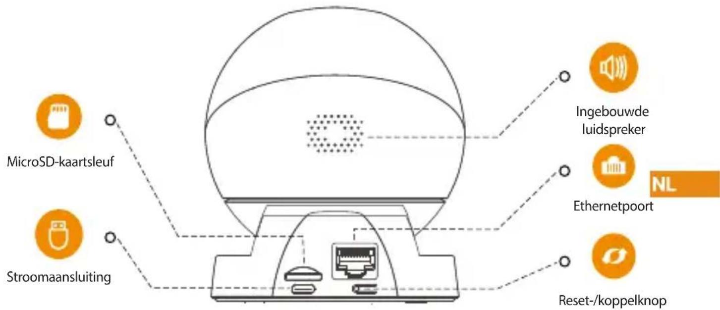 MicroSD-kaartsleuf Stroomaansluiting Ingebouwde luidspreker Ethernetpoort Reset-/koppelknop