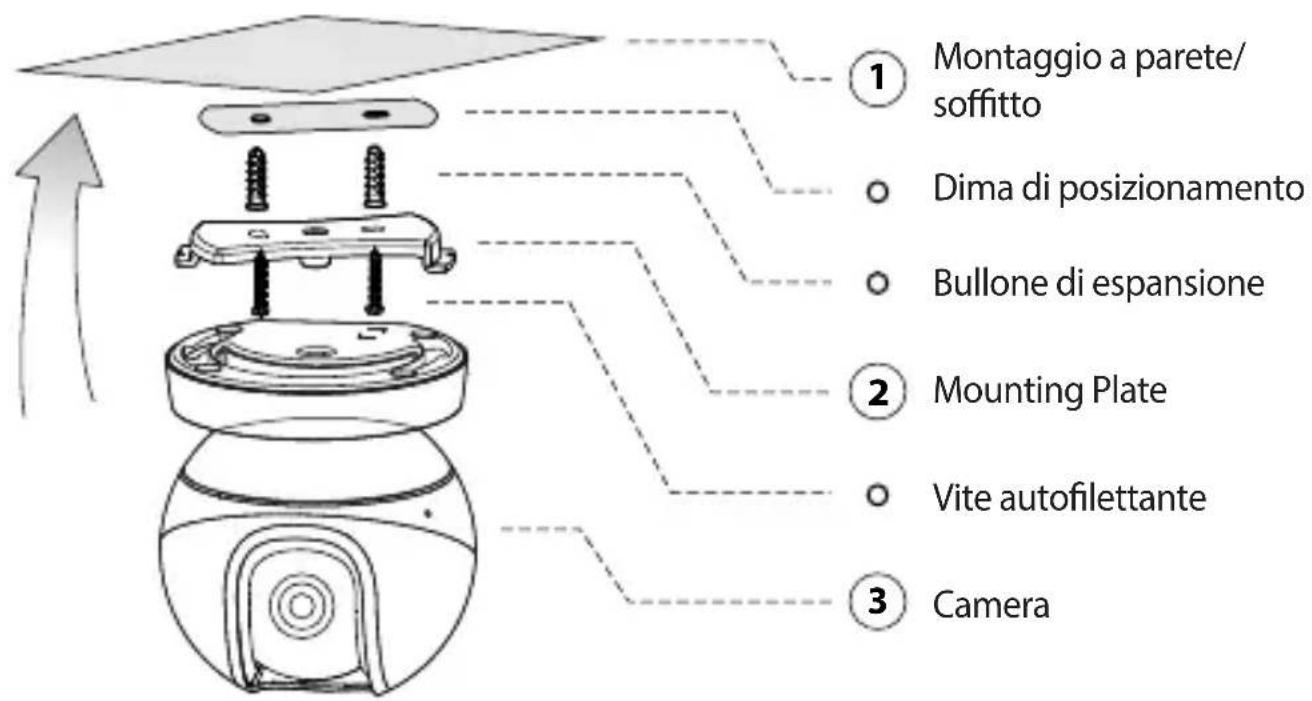 ① Montaggio a parete/ soffitto ○ Dima di posizionamento ○ Bullone di espansione ② Mounting Plate ○ Vite autofilettante ③ Camera