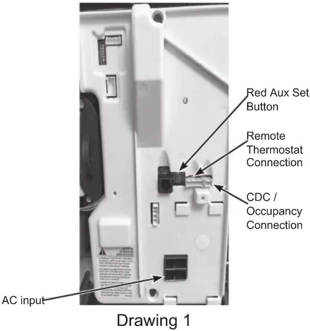 Red Aux Set Button Remote Thermostat Connection CDC / Occupancy Connection AC input Drawing 1
