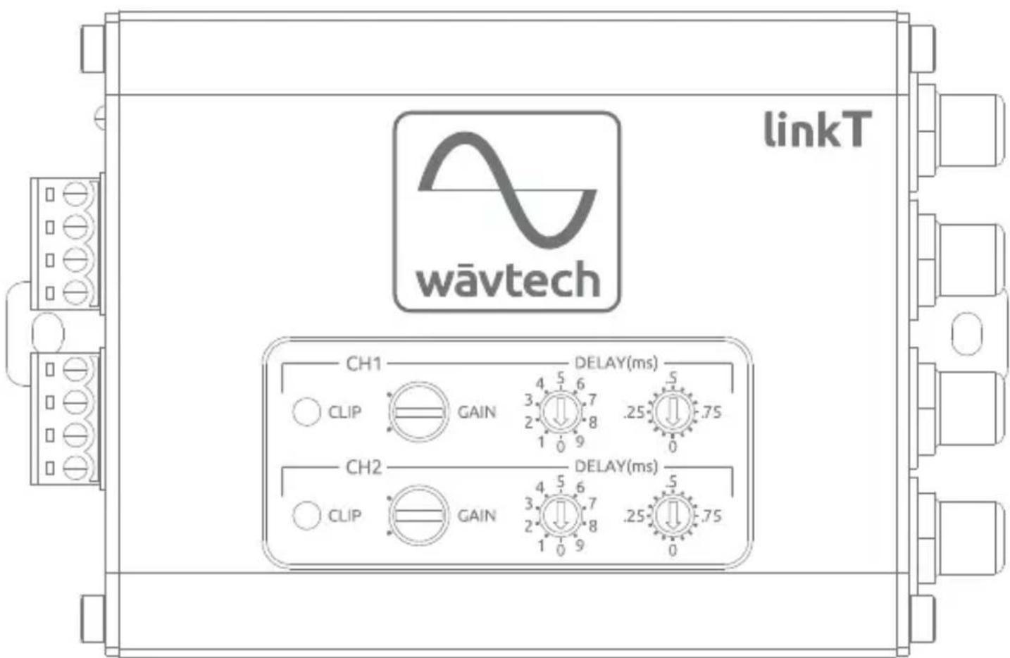 linkT wāvtech CH1 DELAY(ms) CLIP GAIN 4 5 6 3 7 .25 -0.75 2 8 1 9 CH2 GAIN 4 5 6 3 7 .25 -0.75 2 8 1 9 CLIP GAIN 4 5 6 3 7 .25 -0.75 0