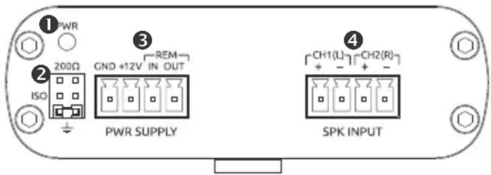 ①PWR ②200Ω ISO - ③GND +12V IN OUT PWR SUPPLY ④CH1(L) CH2(R) + - + SPK INPUT