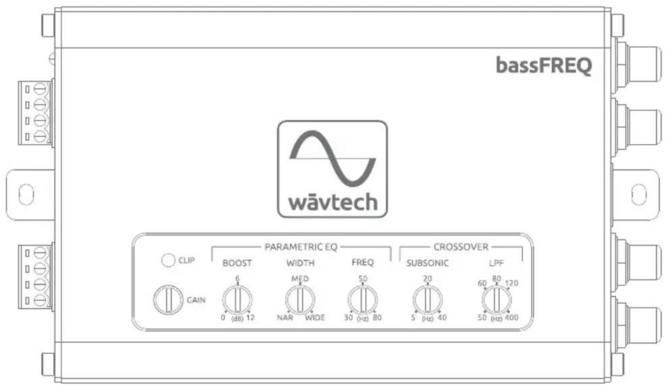 bassFREQ wāvtech CLIP PARAMETRIC EQ BOOST WIDTH FREQ CROSSOVER SUBSONIC LPF GAIN 6 0 (dB) 12 MED NAR WIDE 50 30 (Hz) 80 20 5 (Hz) 40 60 80 120 50 (Hz) 400